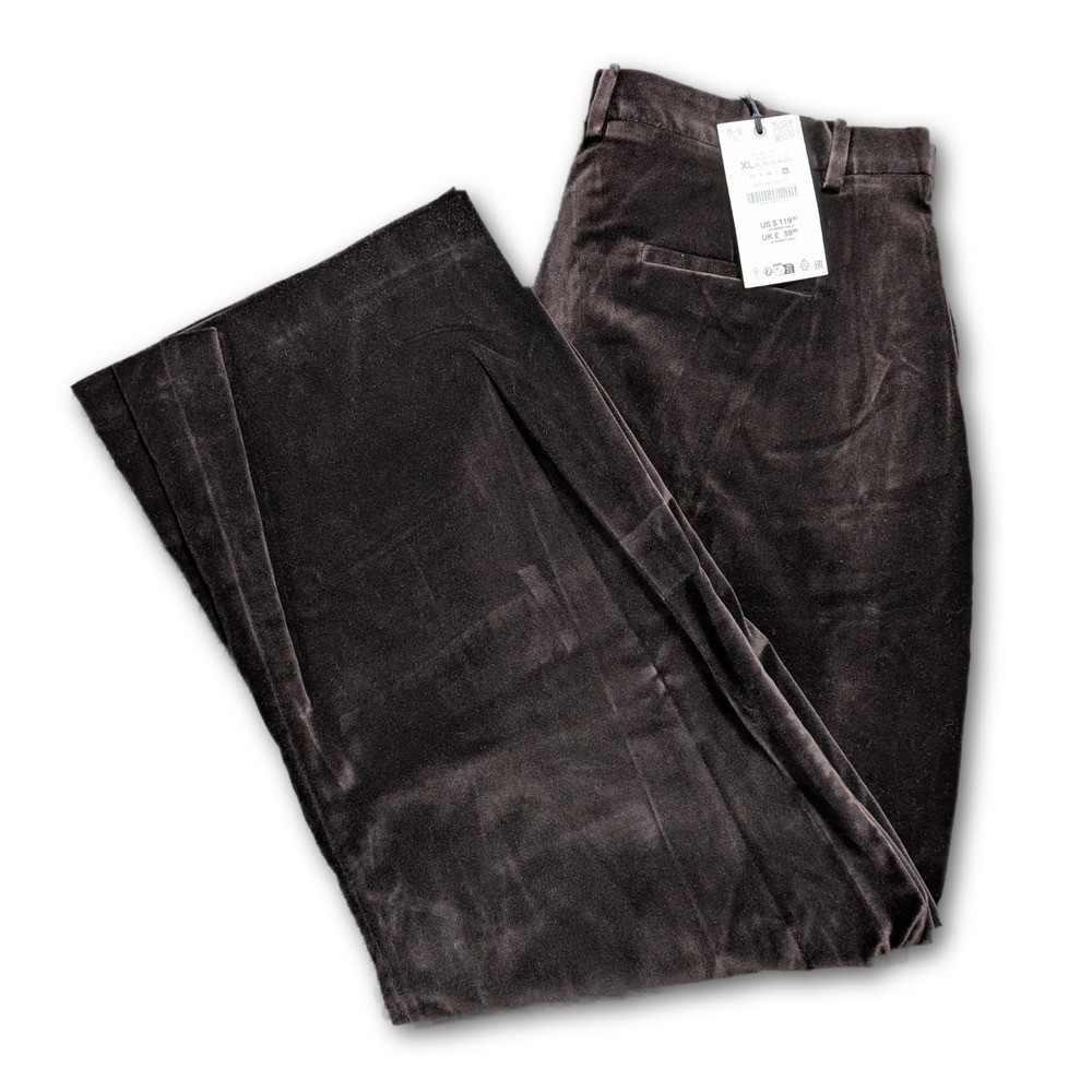 ZARA DEN-638 Mens Pants Brown 37x32 Suede Wide Leg Velvet Regular Dark XL Cotton
